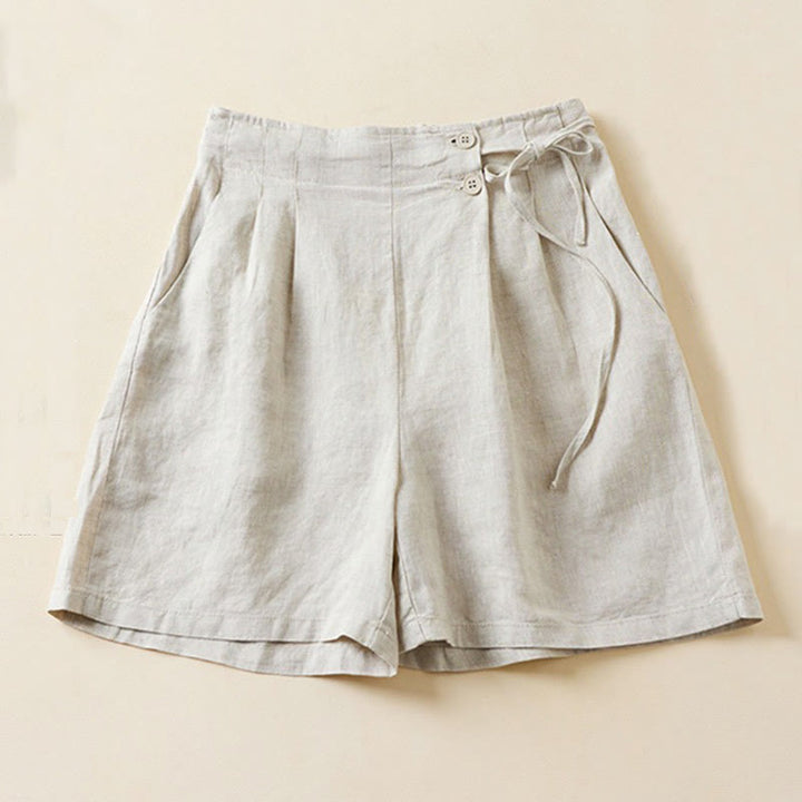 Short en coton et lin à lacets à deux boutons pour femme avec poches et Buddha Stones