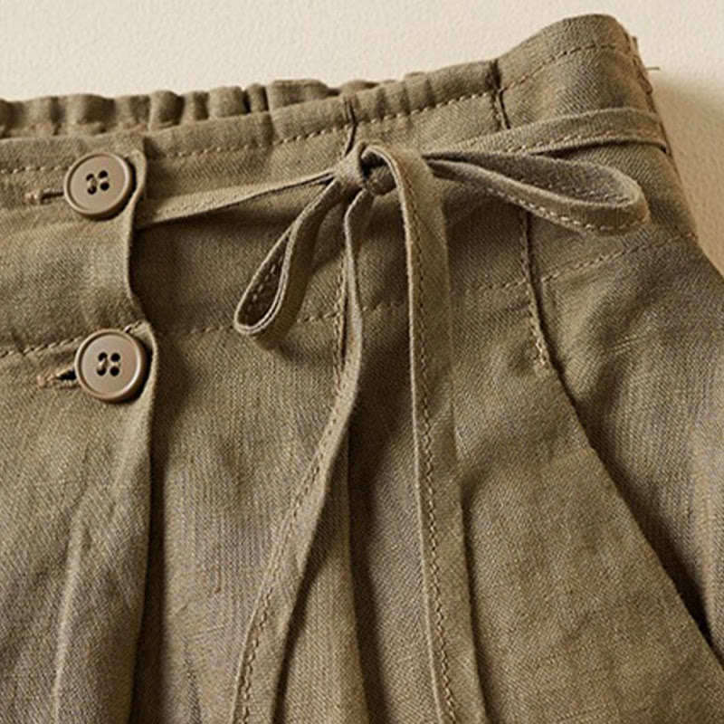 Short en coton et lin à lacets à deux boutons pour femme avec poches et Buddha Stones