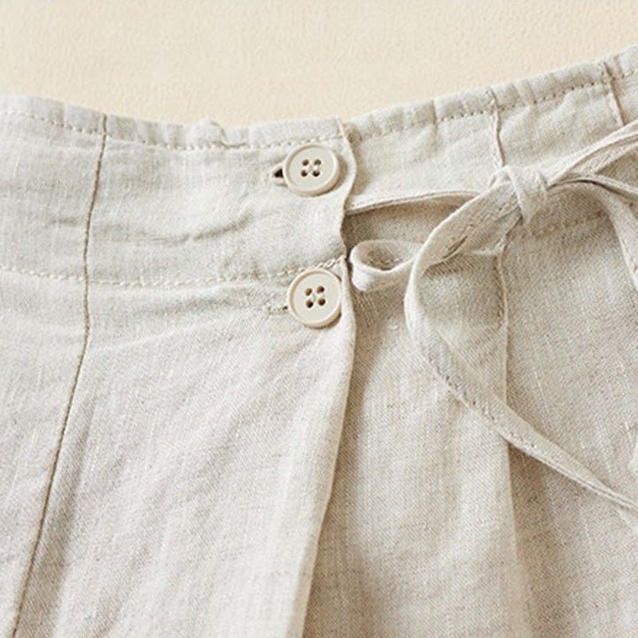 Short en coton et lin à lacets à deux boutons pour femme avec poches et Buddha Stones