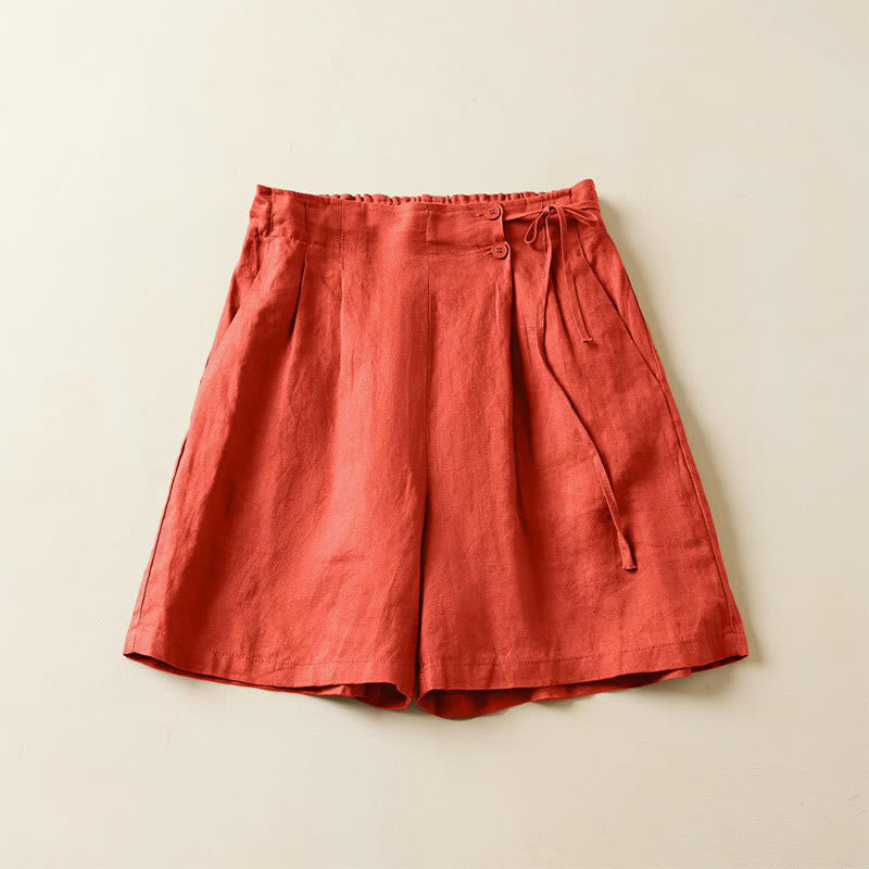 Short en coton et lin à lacets à deux boutons pour femme avec poches et Buddha Stones