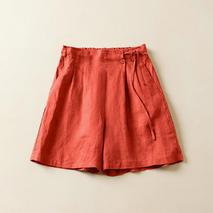 Short en coton et lin à lacets à deux boutons pour femme avec poches et Buddha Stones