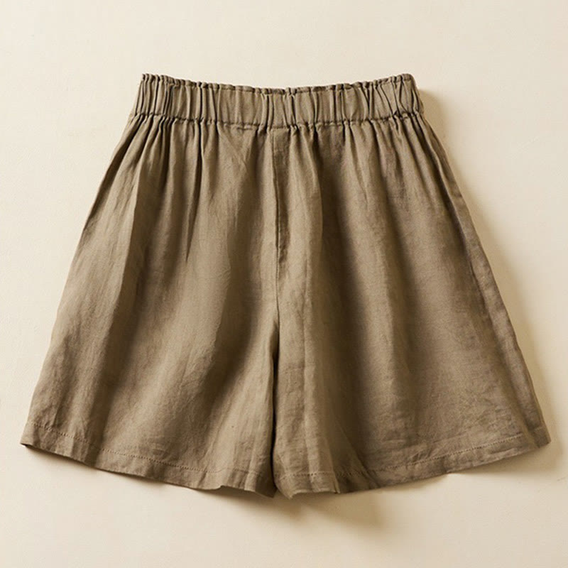 Short en coton et lin à lacets à deux boutons pour femme avec poches et Buddha Stones