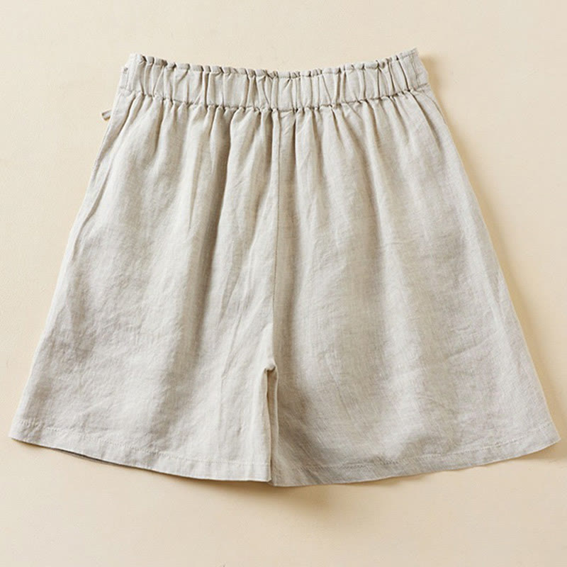 Short en coton et lin à lacets à deux boutons pour femme avec poches et Buddha Stones