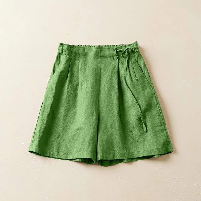 Short en coton et lin à lacets à deux boutons pour femme avec poches et Buddha Stones