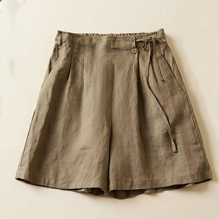 Short en coton et lin à lacets à deux boutons pour femme avec poches et Buddha Stones