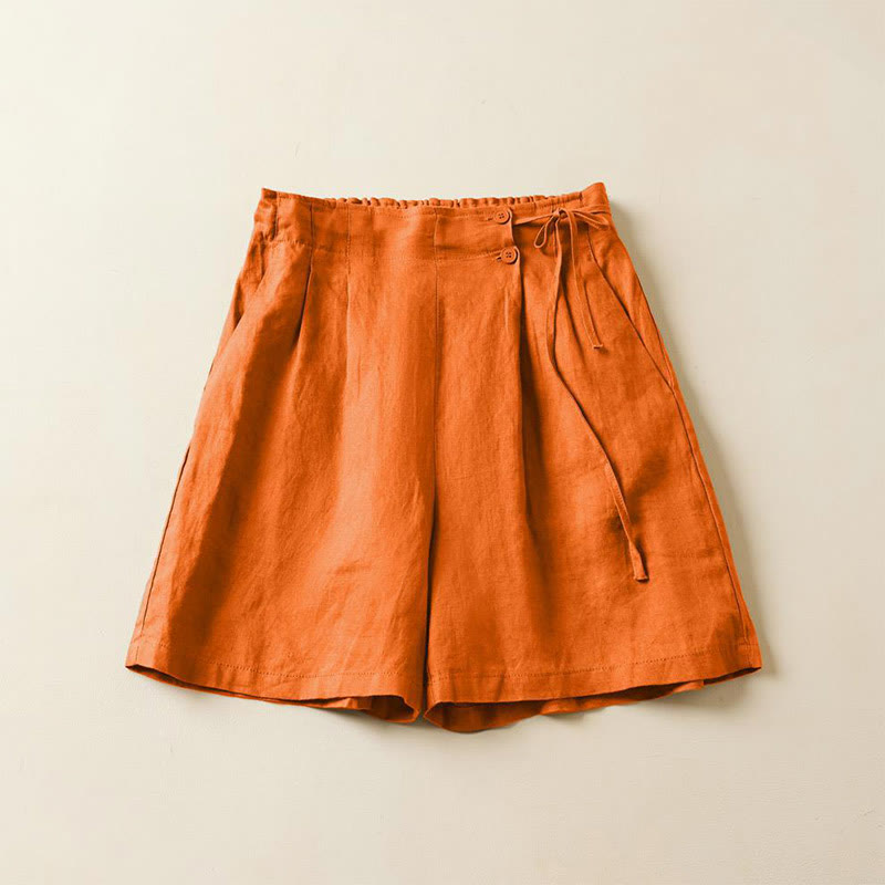 Short en coton et lin à lacets à deux boutons pour femme avec poches et Buddha Stones