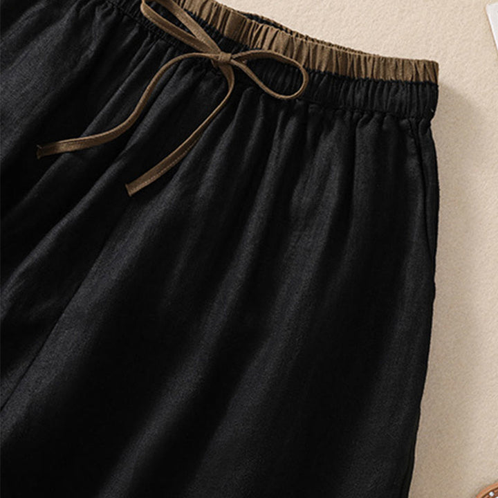 Short en coton et lin à lacets pour femme avec poches et taille contrastée et Buddha Stones