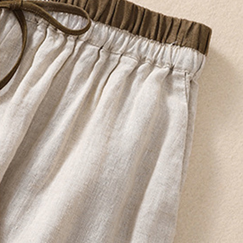 Short en coton et lin à lacets pour femme avec poches et taille contrastée et Buddha Stones