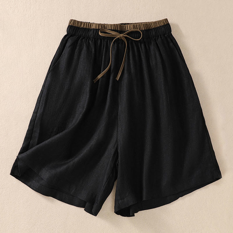 Short en coton et lin à lacets pour femme avec poches et taille contrastée et Buddha Stones