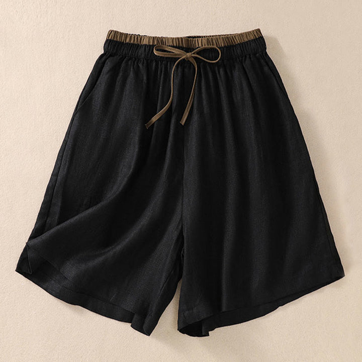 Short en coton et lin à lacets pour femme avec poches et taille contrastée et Buddha Stones
