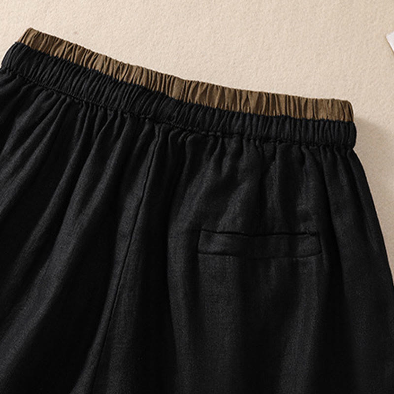 Short en coton et lin à lacets pour femme avec poches et taille contrastée et Buddha Stones