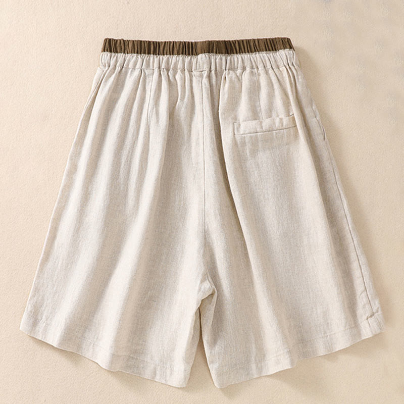 Short en coton et lin à lacets pour femme avec poches et taille contrastée et Buddha Stones