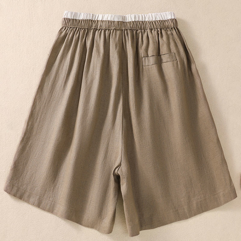Short en coton et lin à lacets pour femme avec poches et taille contrastée et Buddha Stones