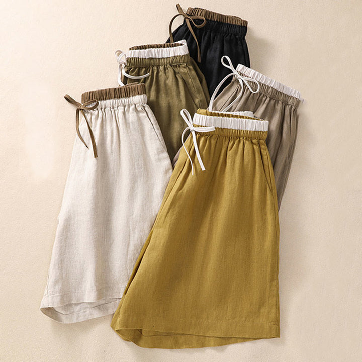 Short en coton et lin à lacets pour femme avec poches et taille contrastée et Buddha Stones