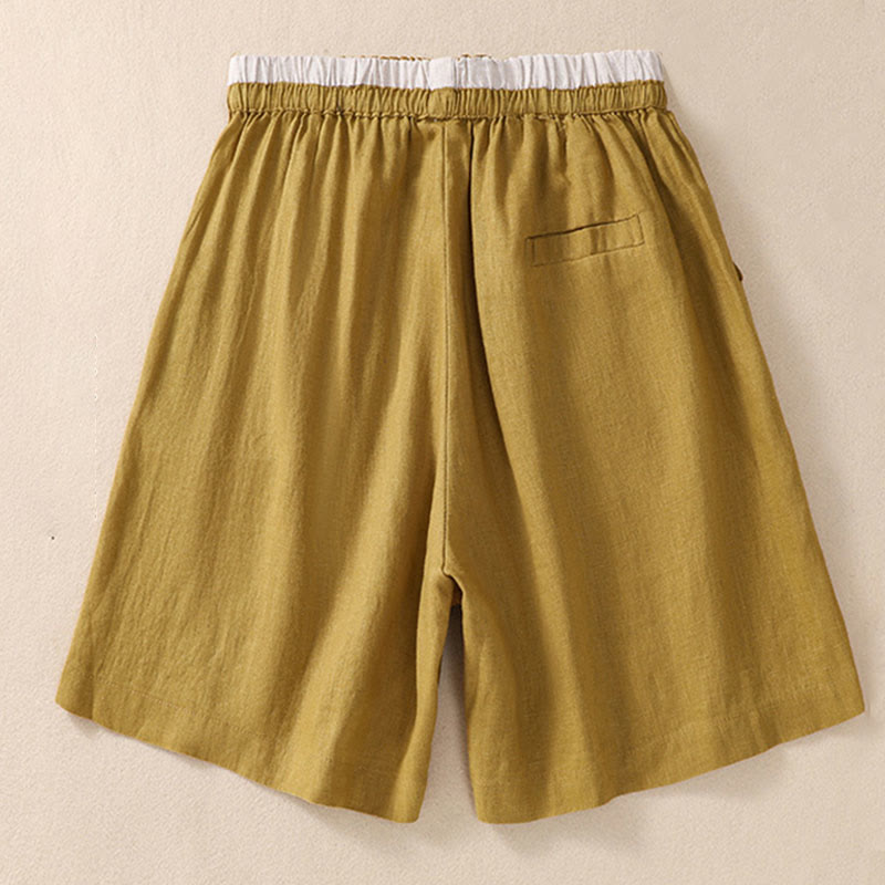 Short en coton et lin à lacets pour femme avec poches et taille contrastée et Buddha Stones