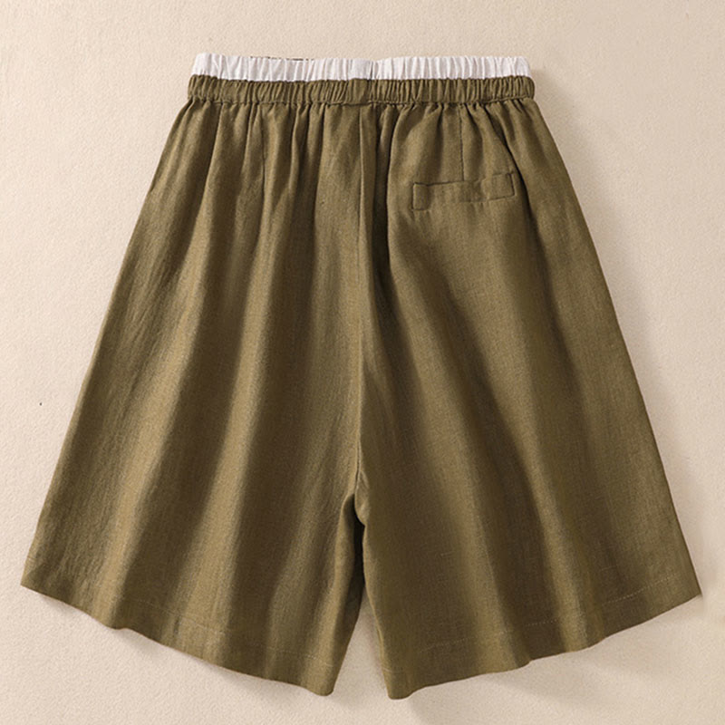 Short en coton et lin à lacets pour femme avec poches et taille contrastée et Buddha Stones