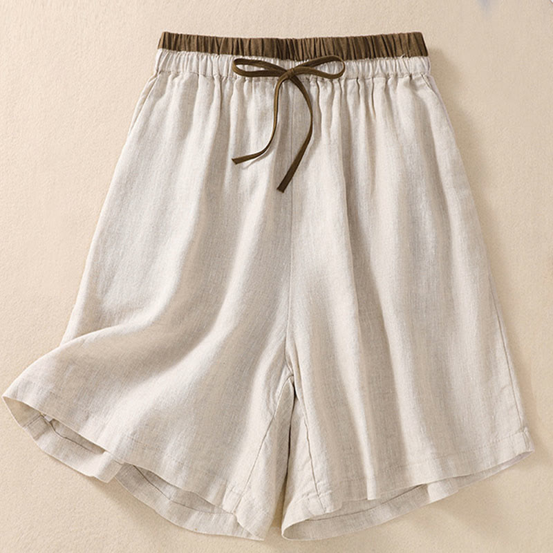 Short en coton et lin à lacets pour femme avec poches et taille contrastée et Buddha Stones - Beige - US8-10，UK/AU12-14，EU40-42 (2XL) - image 3