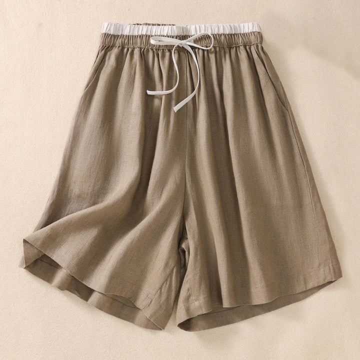 Short en coton et lin à lacets pour femme avec poches et taille contrastée et Buddha Stones