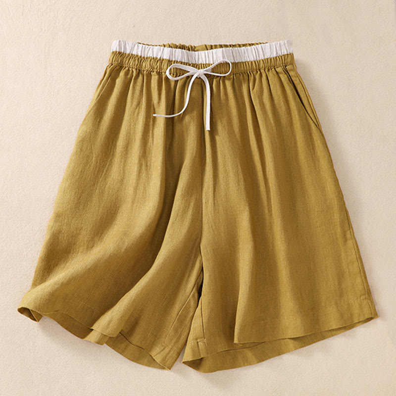 Short en coton et lin à lacets pour femme avec poches et taille contrastée et Buddha Stones