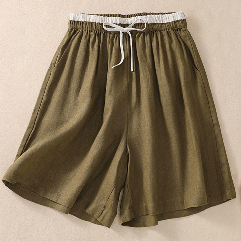 Short en coton et lin à lacets pour femme avec poches et taille contrastée et Buddha Stones