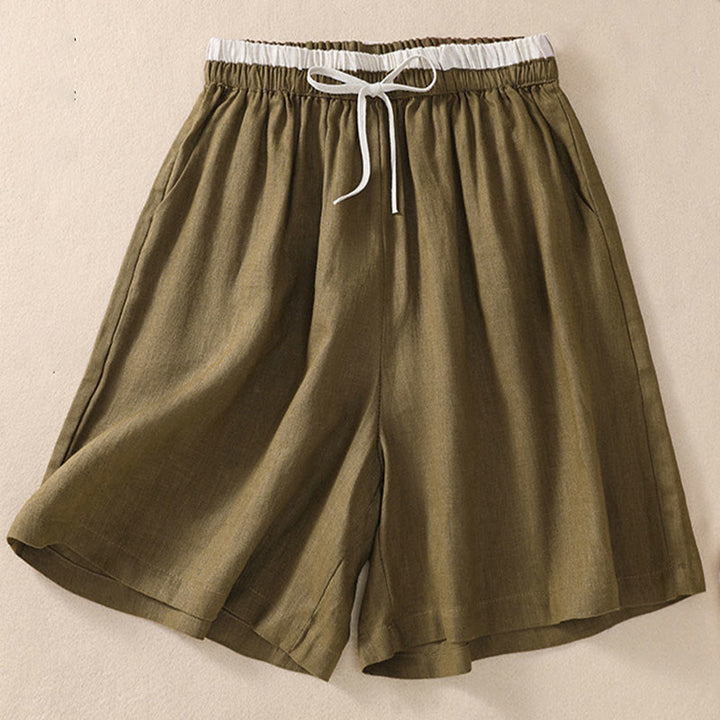 Short en coton et lin à lacets pour femme avec poches et taille contrastée et Buddha Stones