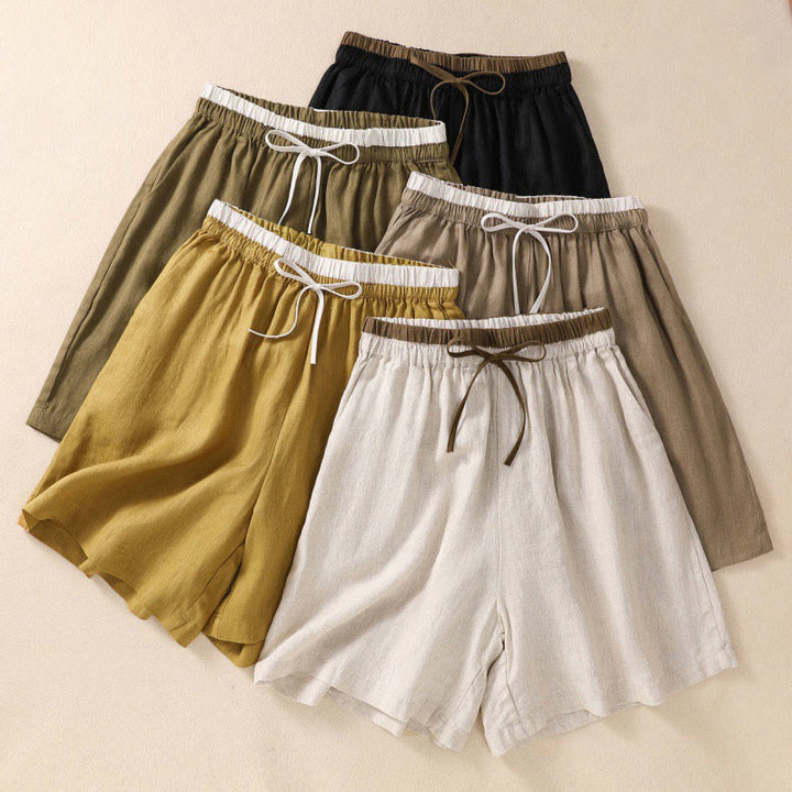 Short en coton et lin à lacets pour femme avec poches et taille contrastée et Buddha Stones