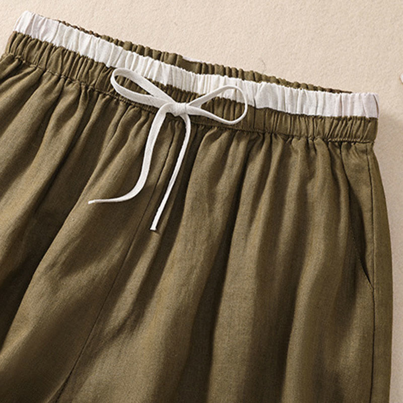 Short en coton et lin à lacets pour femme avec poches et taille contrastée et Buddha Stones
