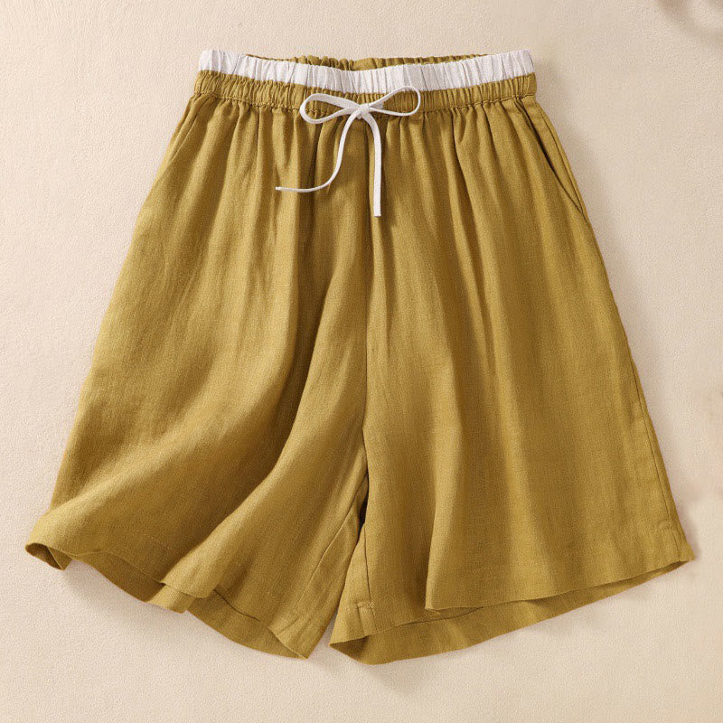 Short en coton et lin à lacets pour femme avec poches et taille contrastée et Buddha Stones
