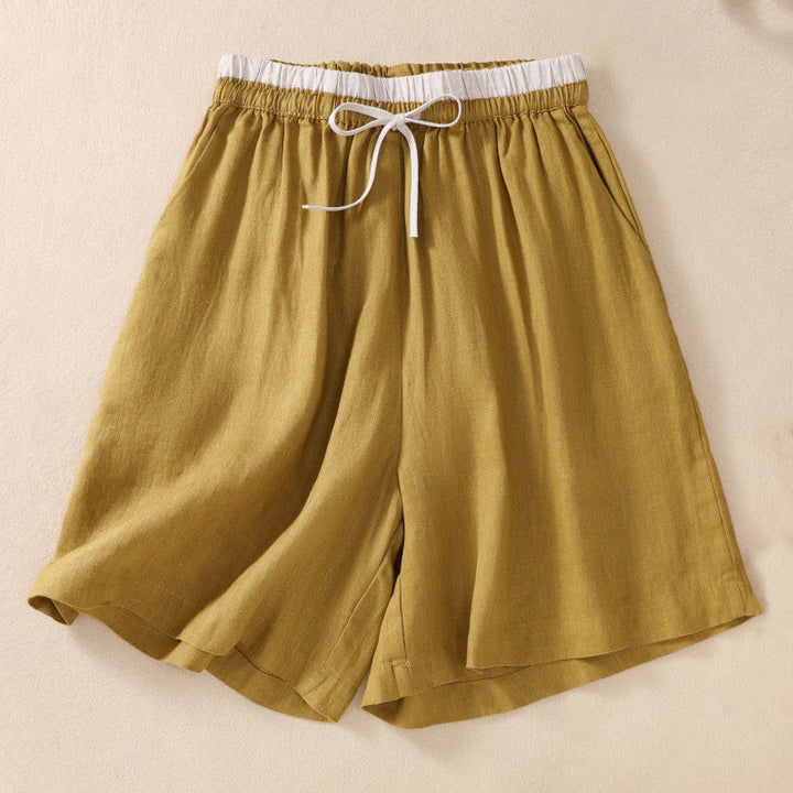 Short en coton et lin à lacets pour femme avec poches et taille contrastée et Buddha Stones