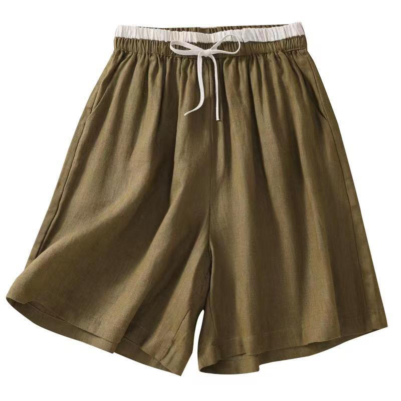 Short en coton et lin à lacets pour femme avec poches et taille contrastée et Buddha Stones
