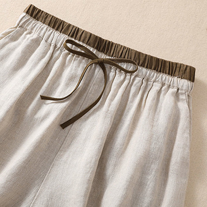 Short en coton et lin à lacets pour femme avec poches et taille contrastée et Buddha Stones