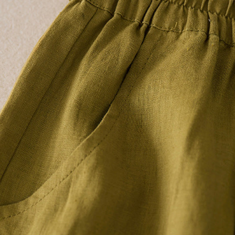 Short décontracté en coton et lin de couleur unie avec poches pour femme Buddha Stones
