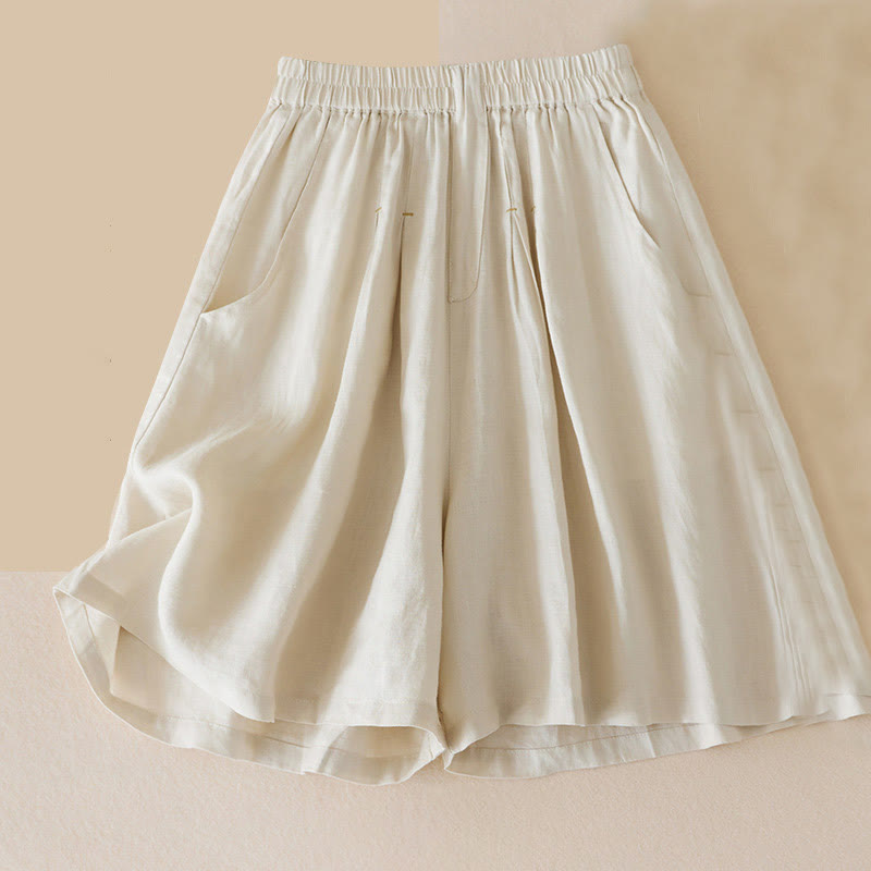 Short décontracté en coton et lin de couleur unie avec poches pour femme Buddha Stones - Beige - US12，UK/AU16，EU44 (3XL) - image 0