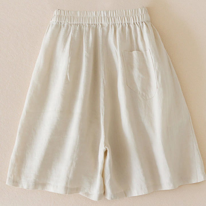 Short décontracté en coton et lin de couleur unie avec poches pour femme Buddha Stones
