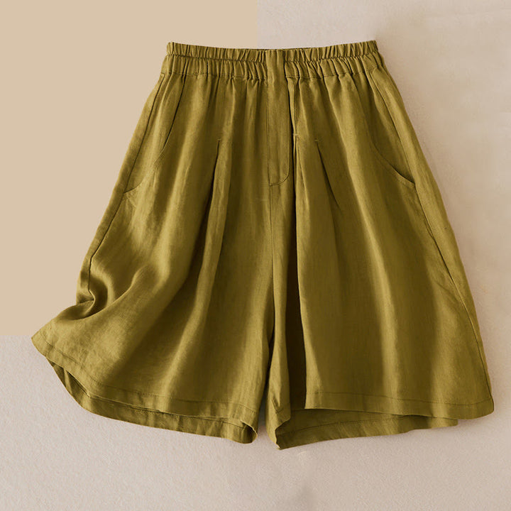 Short décontracté en coton et lin de couleur unie avec poches pour femme Buddha Stones