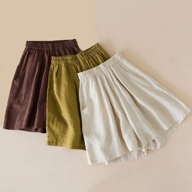 Short décontracté en coton et lin de couleur unie avec poches pour femme Buddha Stones