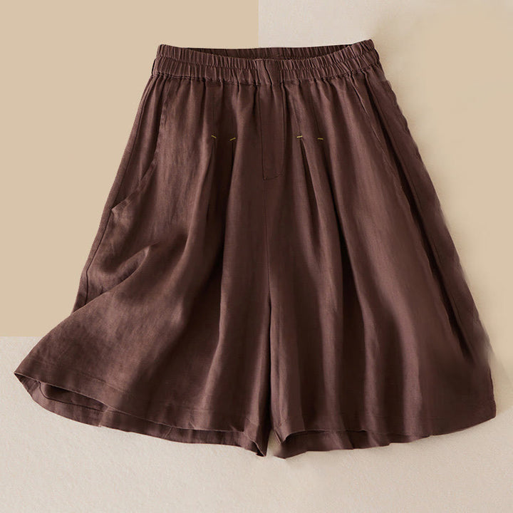 Short décontracté en coton et lin de couleur unie avec poches pour femme Buddha Stones