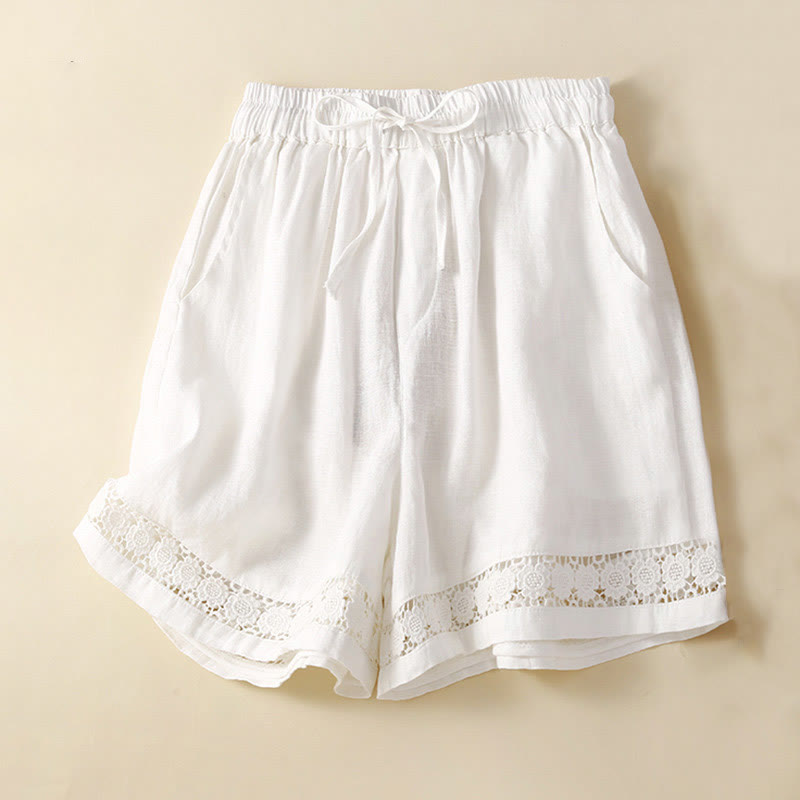 Short en coton et lin à lacets pour femme avec poches et bas uni en Buddha Stones creuse - Blanc - US12，UK/AU16，EU44 (3XL) - image 11