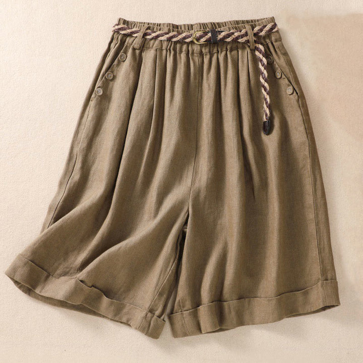 Buddha Stones Short décontracté en coton et lin pour femme avec poches, couleur unie, revers, ceinture