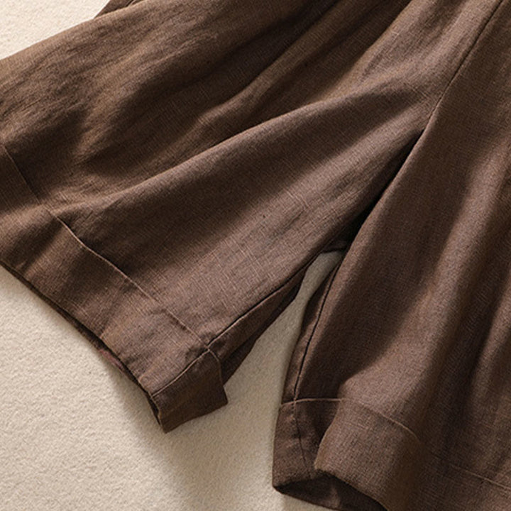 Buddha Stones Short décontracté en coton et lin pour femme avec poches, couleur unie, revers, ceinture - image 16