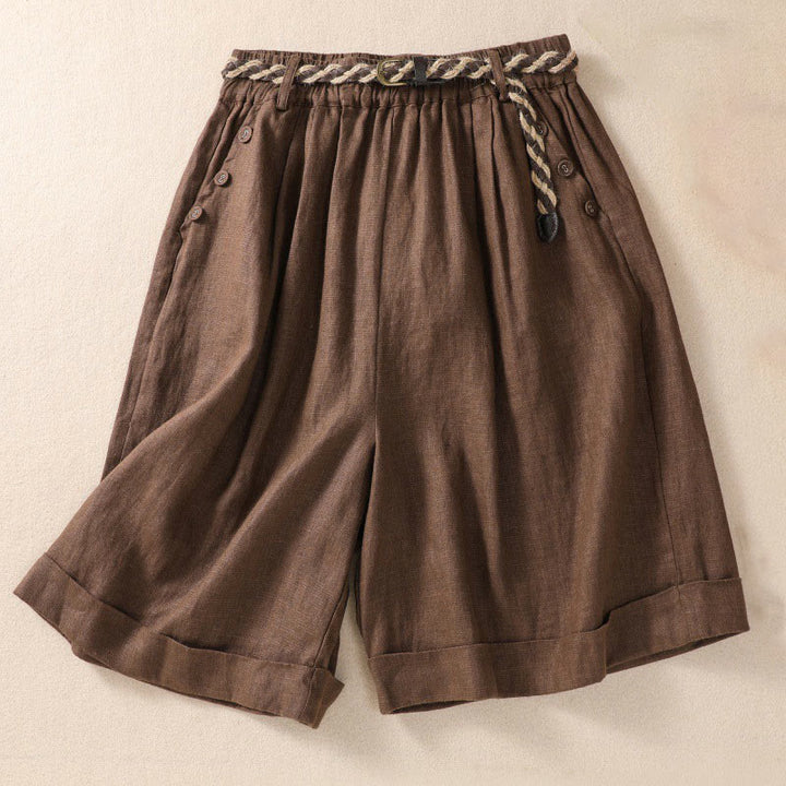 Buddha Stones Short décontracté en coton et lin pour femme avec poches, couleur unie, revers, ceinture
