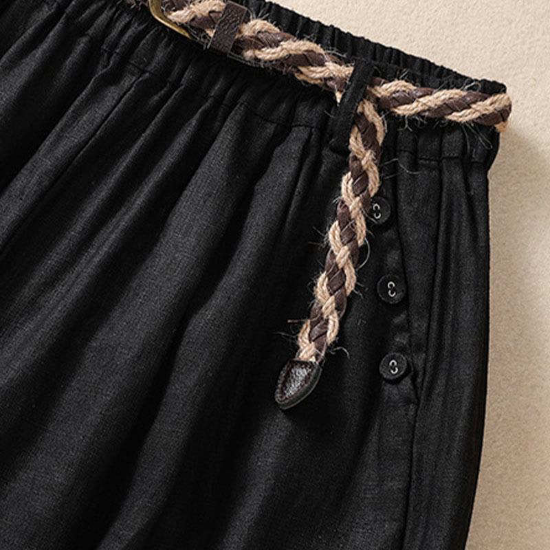 Buddha Stones Short décontracté en coton et lin pour femme avec poches, couleur unie, revers, ceinture - image 11