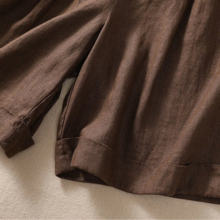 Buddha Stones Short décontracté en coton et lin pour femme avec poches, couleur unie, revers, ceinture