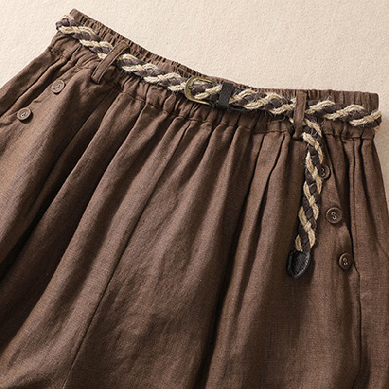 Buddha Stones Short décontracté en coton et lin pour femme avec poches, couleur unie, revers, ceinture
