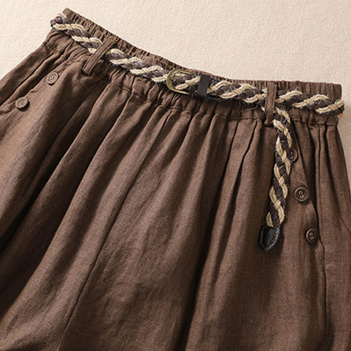 Buddha Stones Short décontracté en coton et lin pour femme avec poches, couleur unie, revers, ceinture