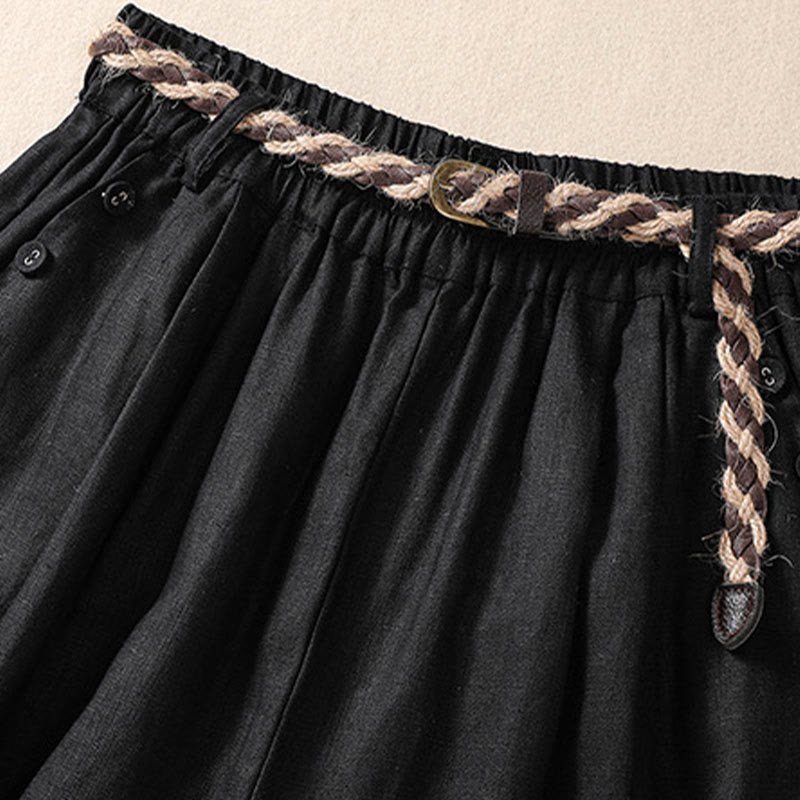 Buddha Stones Short décontracté en coton et lin pour femme avec poches, couleur unie, revers, ceinture - image 10