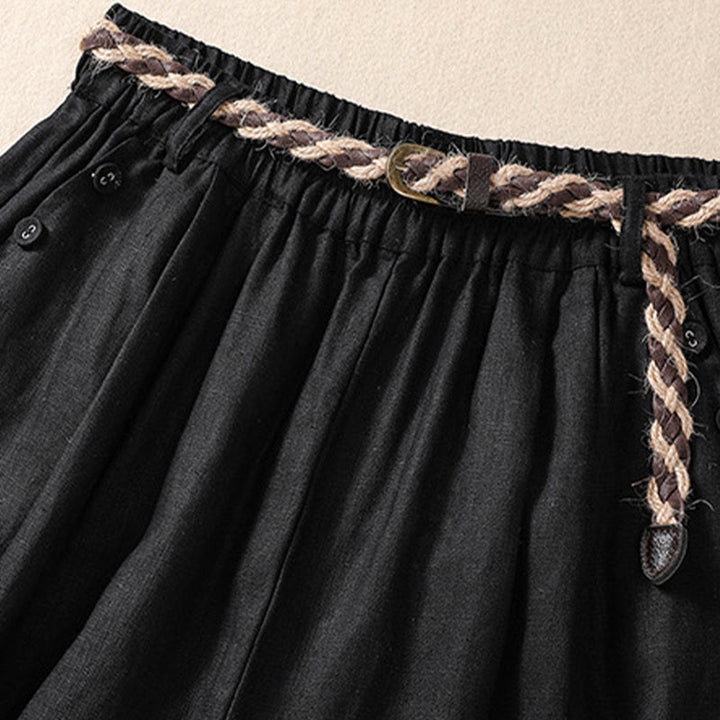 Buddha Stones Short décontracté en coton et lin pour femme avec poches, couleur unie, revers, ceinture - image 10