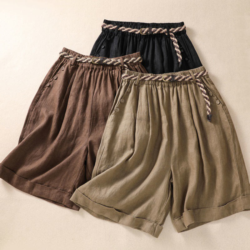 Buddha Stones Short décontracté en coton et lin pour femme avec poches, couleur unie, revers, ceinture
