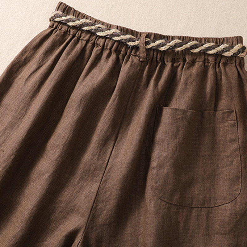 Buddha Stones Short décontracté en coton et lin pour femme avec poches, couleur unie, revers, ceinture