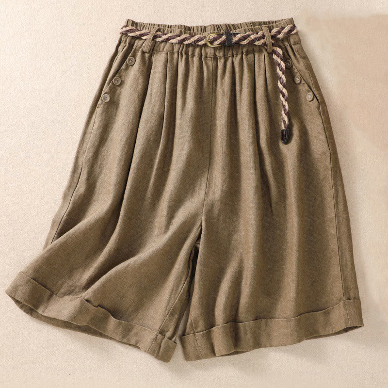 Buddha Stones Short décontracté en coton et lin pour femme avec poches, couleur unie, revers, ceinture - Kaki foncé - US8-10，UK/AU12-14，EU40-42 (2XL) - image 0